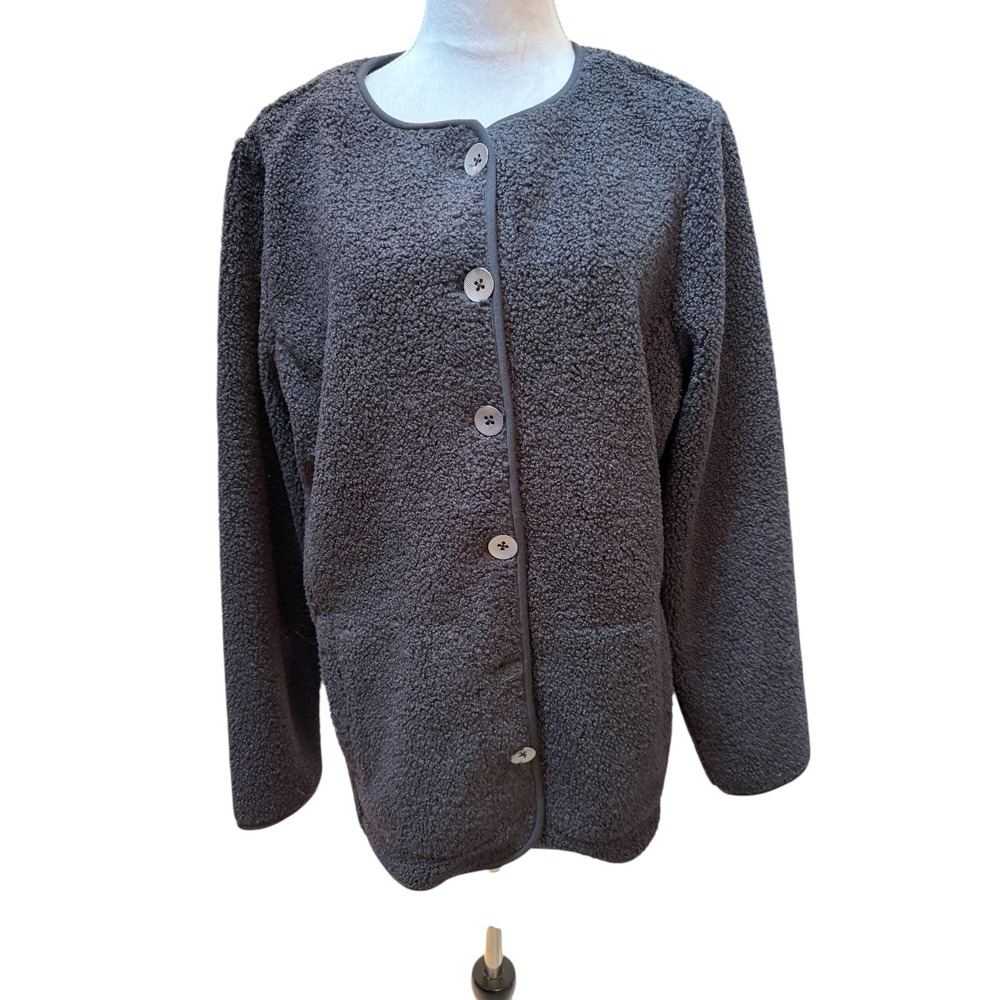 Susan Graver Weekend Women Black Textured Fleece Button Front Cardigan Jacket L‎